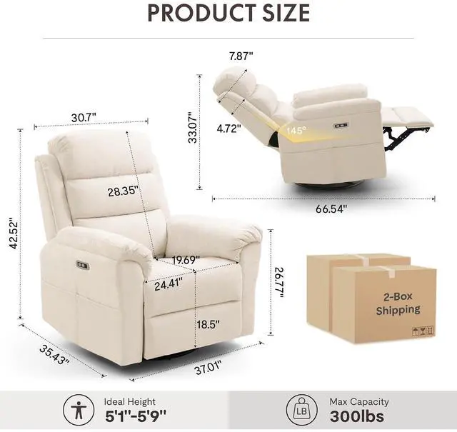 Alt view image 2 of 7 - Souffle-Pro Swivel Rocker Recliner Chair with Nightlight, Power Nursery Glider Recliner with Massage & Heat, Adjustable Headrest, Oeko-TEX Fabric, Ideal for Nursery & Home Relaxation, Cream
