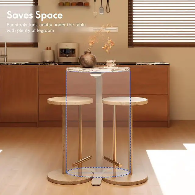 Alt view image 6 of 7 - Gas Spring Adjustable Bar Table with One-Touch Lift, Flexible Height 25.8"41.3", 19.7" Round High-Top Pub Table for Balcony, Kitchen, Apartment & Small SpacesMarble Finish