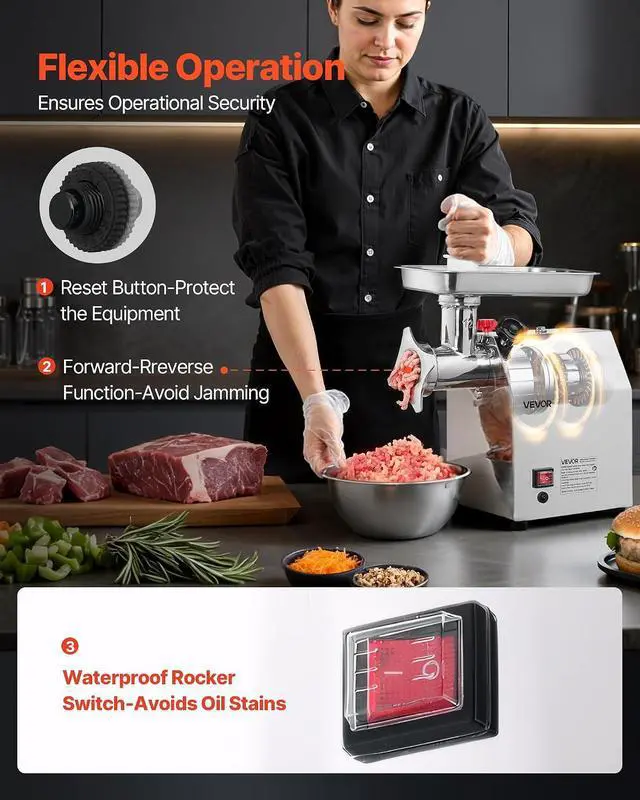 Alt view image 4 of 7 - Commercial Electric Meat Grinder, 7 lbs/min Capacity, #12 Industrial Meat Mincer with 2 Stainless Steel Blades, 2 Grinding Plates, 850W Heavy-Duty Sausage Maker Stuffer, for Kitchen, Restaurant