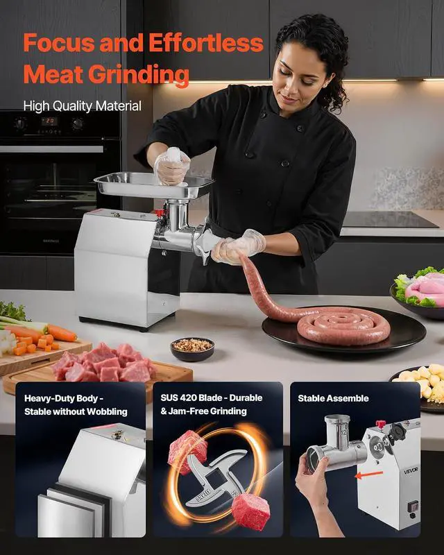 Alt view image 6 of 7 - Commercial Electric Meat Grinder, 7 lbs/min Capacity, #12 Industrial Meat Mincer with 2 Stainless Steel Blades, 2 Grinding Plates, 850W Heavy-Duty Sausage Maker Stuffer, for Kitchen, Restaurant