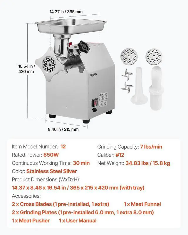 Alt view image 7 of 7 - Commercial Electric Meat Grinder, 7 lbs/min Capacity, #12 Industrial Meat Mincer with 2 Stainless Steel Blades, 2 Grinding Plates, 850W Heavy-Duty Sausage Maker Stuffer, for Kitchen, Restaurant