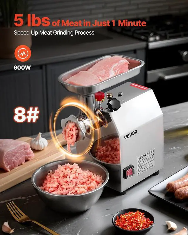 Alt view image 2 of 7 - Commercial Electric Meat Grinder, 5 lbs/min Capacity, #8 Industrial Meat Mincer with 2 Stainless Steel Blades, 2 Grinding Plates, 600W Heavy-Duty Sausage Maker Stuffer, for Kitchen, Restaurant