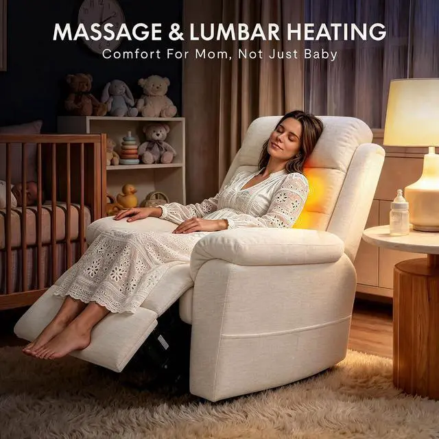 Alt view image 4 of 7 - Souffle-Pro Swivel Rocker Recliner Chair with Nightlight, Power Nursery Glider Recliner with Massage & Heat, Adjustable Headrest, Oeko-TEX Fabric, Ideal for Nursery & Home Relaxation, Cream