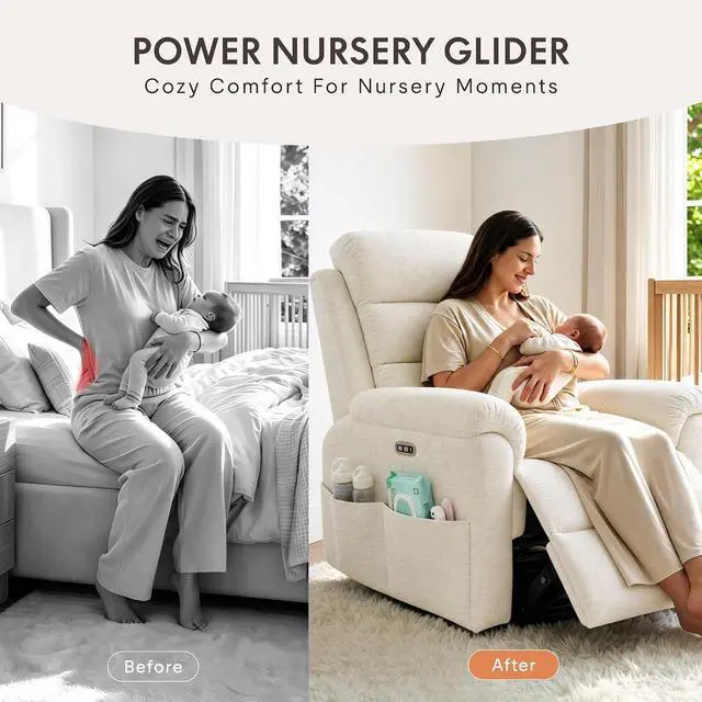 Alt view image 7 of 7 - Souffle-Pro Swivel Rocker Recliner Chair with Nightlight, Power Nursery Glider Recliner with Massage & Heat, Adjustable Headrest, Oeko-TEX Fabric, Ideal for Nursery & Home Relaxation, Cream