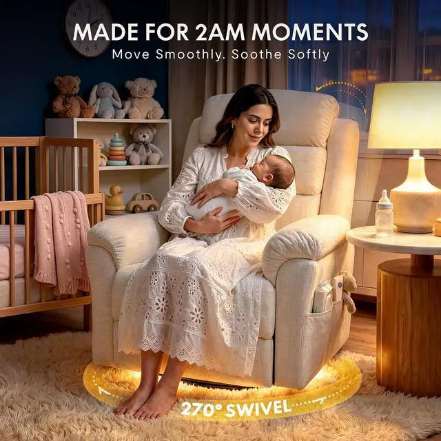 Alt view image 3 of 7 - Souffle-Pro Swivel Rocker Recliner Chair with Nightlight, Power Nursery Glider Recliner with Massage & Heat, Adjustable Headrest, Oeko-TEX Fabric, Ideal for Nursery & Home Relaxation, Cream
