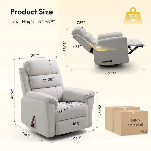 Alt view image 2 of 7 - Souffle Swivel Rocker Recliner Chair for Adults, Nursery Rocking Glider Chair with Massage & Heat, FSC Wood Frame, Manual Recliner for Living Room, Nursery & Relaxation, Light Grey