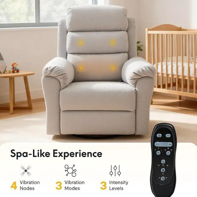 Alt view image 4 of 7 - Souffle Swivel Rocker Recliner Chair for Adults, Nursery Rocking Glider Chair with Massage & Heat, FSC Wood Frame, Manual Recliner for Living Room, Nursery & Relaxation, Light Grey