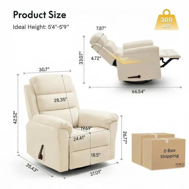 Alt view image 2 of 7 - Souffle Swivel Rocker Recliner Chair for Adults, Nursery Rocking Glider Chair with Massage & Heat, FSC Wood Frame, Manual Recliner for Living Room, Nursery & Relaxation,Cream