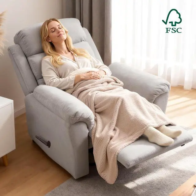 Alt view image 6 of 7 - Souffle Swivel Rocker Recliner Chair for Adults, Nursery Rocking Glider Chair with Massage & Heat, FSC Wood Frame, Manual Recliner for Living Room, Nursery & Relaxation, Light Grey