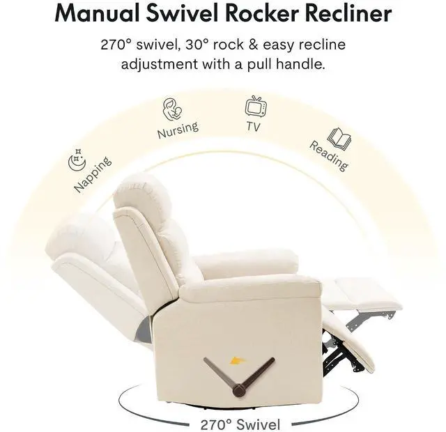 Alt view image 3 of 7 - Souffle Swivel Rocker Recliner Chair for Adults, Nursery Rocking Glider Chair with Massage & Heat, FSC Wood Frame, Manual Recliner for Living Room, Nursery & Relaxation,Cream