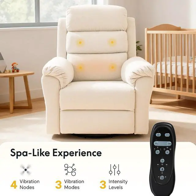 Alt view image 4 of 7 - Souffle Swivel Rocker Recliner Chair for Adults, Nursery Rocking Glider Chair with Massage & Heat, FSC Wood Frame, Manual Recliner for Living Room, Nursery & Relaxation,Cream