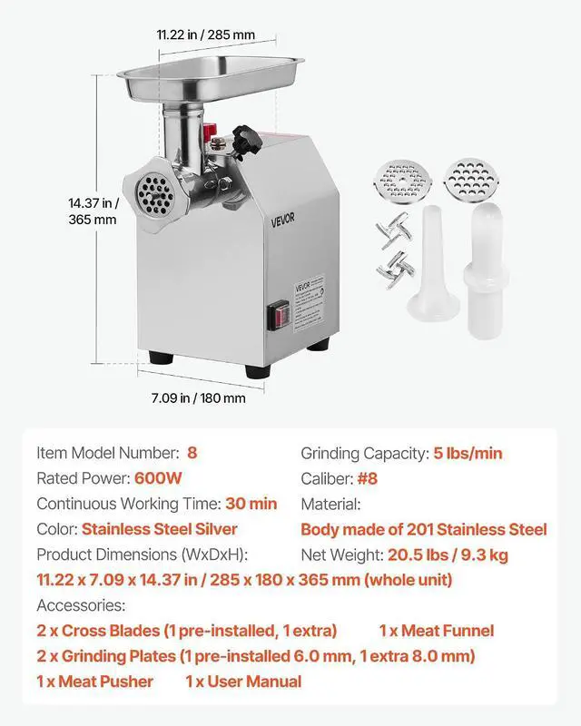 Alt view image 7 of 7 - Commercial Electric Meat Grinder, 5 lbs/min Capacity, #8 Industrial Meat Mincer with 2 Stainless Steel Blades, 2 Grinding Plates, 600W Heavy-Duty Sausage Maker Stuffer, for Kitchen, Restaurant