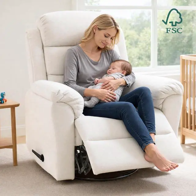 Alt view image 6 of 7 - Souffle Swivel Rocker Recliner Chair for Adults, Nursery Rocking Glider Chair with Massage & Heat, FSC Wood Frame, Manual Recliner for Living Room, Nursery & Relaxation,Cream