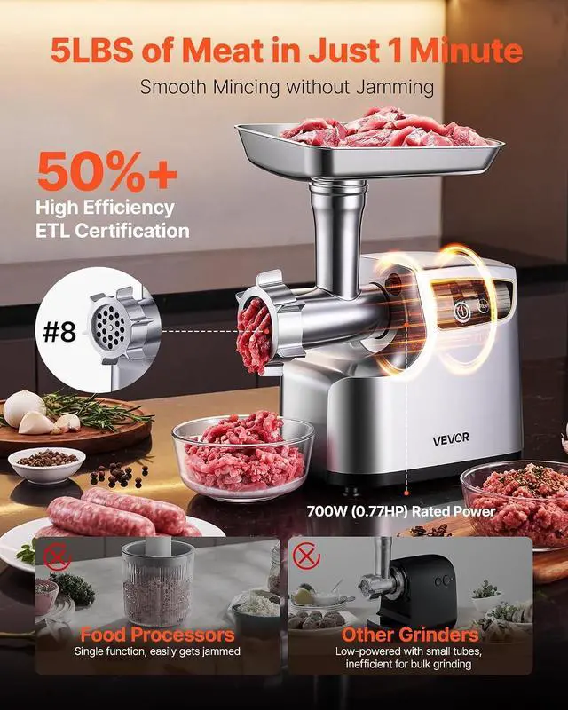 Alt view image 2 of 7 - Electric Meat Grinder, 5 Lbs/Min Capacity, #8 Meat Mincer with 3 Grinding Plates, 3 Sausage Stuffing Tubes & Kubbe Kit, 700W/0.77HP Sausage Stuffer Maker for Home Kitchens, ETL Listed