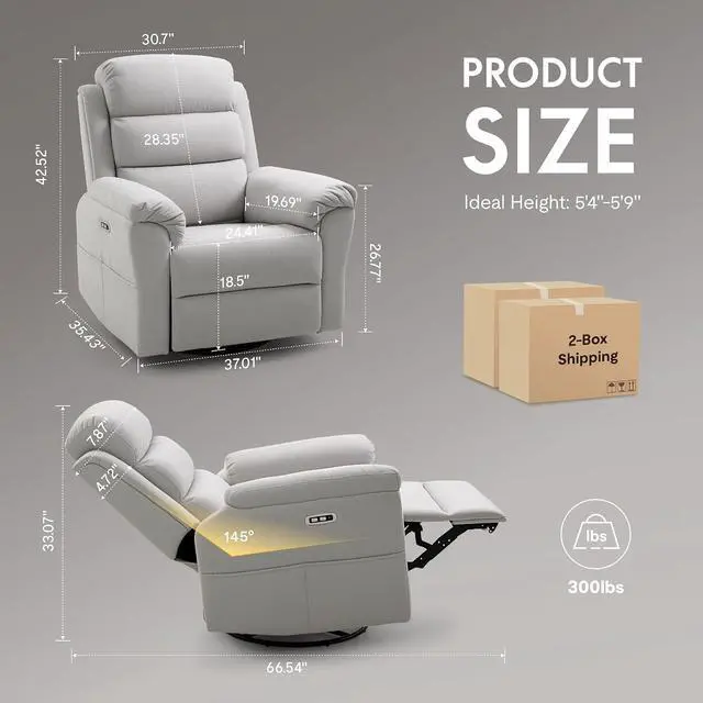 Alt view image 2 of 7 - Souffle-Pro Swivel Rocker Recliner Chair, Power Nursery Glider Recliner with Massage & Heat, Adjustable Headrest, Oeko-TEX Fabric, FSC Wood Frame Ideal for Nursery & Home, Light Grey