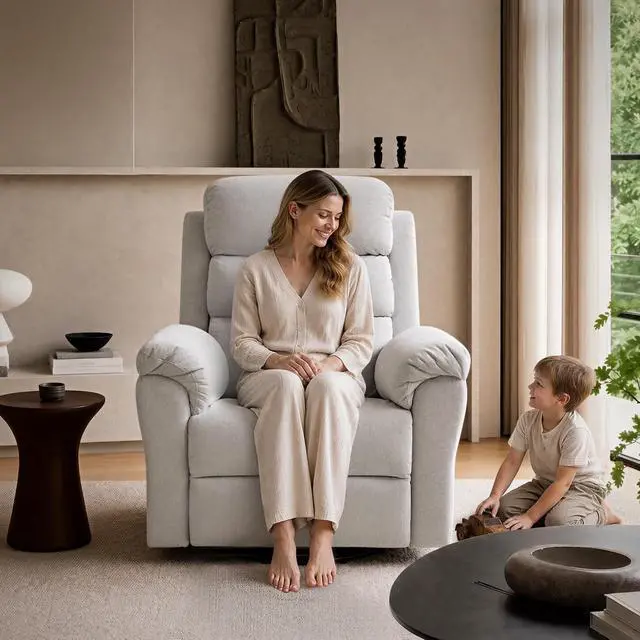 Alt view image 3 of 7 - Souffle-Pro Swivel Rocker Recliner Chair, Power Nursery Glider Recliner with Massage & Heat, Adjustable Headrest, Oeko-TEX Fabric, FSC Wood Frame Ideal for Nursery & Home, Light Grey