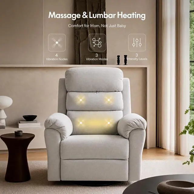Alt view image 4 of 7 - Souffle-Pro Swivel Rocker Recliner Chair, Power Nursery Glider Recliner with Massage & Heat, Adjustable Headrest, Oeko-TEX Fabric, FSC Wood Frame Ideal for Nursery & Home, Light Grey