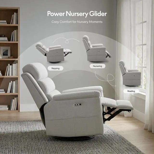 Alt view image 7 of 7 - Souffle-Pro Swivel Rocker Recliner Chair, Power Nursery Glider Recliner with Massage & Heat, Adjustable Headrest, Oeko-TEX Fabric, FSC Wood Frame Ideal for Nursery & Home, Light Grey