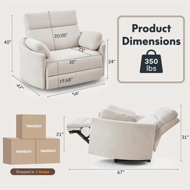 Alt view image 2 of 7 - Mochi Oversized 54" Power Recliner Chair for Big and Tall Adults, Chenille Fabric Electric Recliner with USB & Type-C Ports, Wide Single Sofa with Pillows for Living Room & Bedroom, Beige