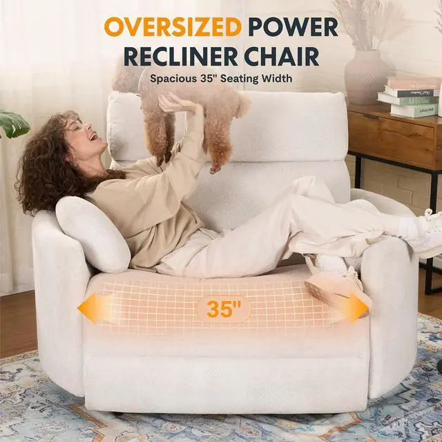 Alt view image 3 of 7 - Mochi Oversized 54" Power Recliner Chair for Big and Tall Adults, Chenille Fabric Electric Recliner with USB & Type-C Ports, Wide Single Sofa with Pillows for Living Room & Bedroom, Beige