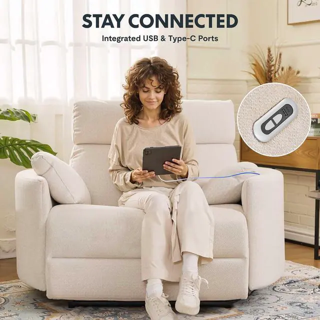 Alt view image 4 of 7 - Mochi Oversized 54" Power Recliner Chair for Big and Tall Adults, Chenille Fabric Electric Recliner with USB & Type-C Ports, Wide Single Sofa with Pillows for Living Room & Bedroom, Beige
