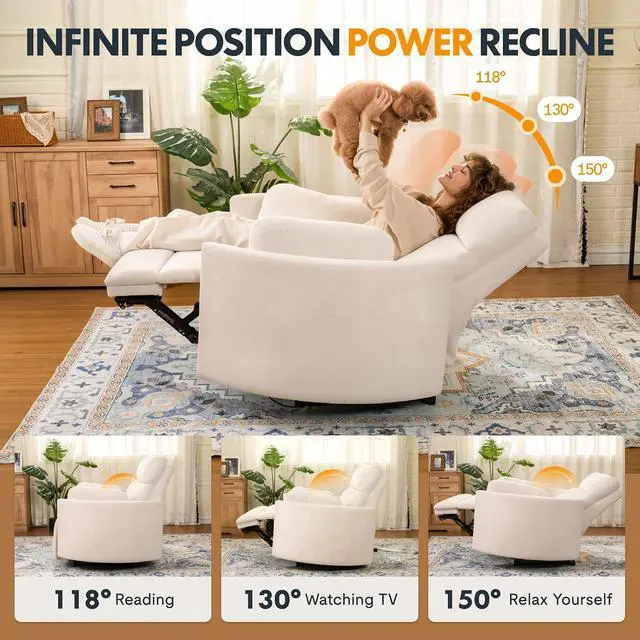 Alt view image 5 of 7 - Mochi Oversized 54" Power Recliner Chair for Big and Tall Adults, Chenille Fabric Electric Recliner with USB & Type-C Ports, Wide Single Sofa with Pillows for Living Room & Bedroom, Beige