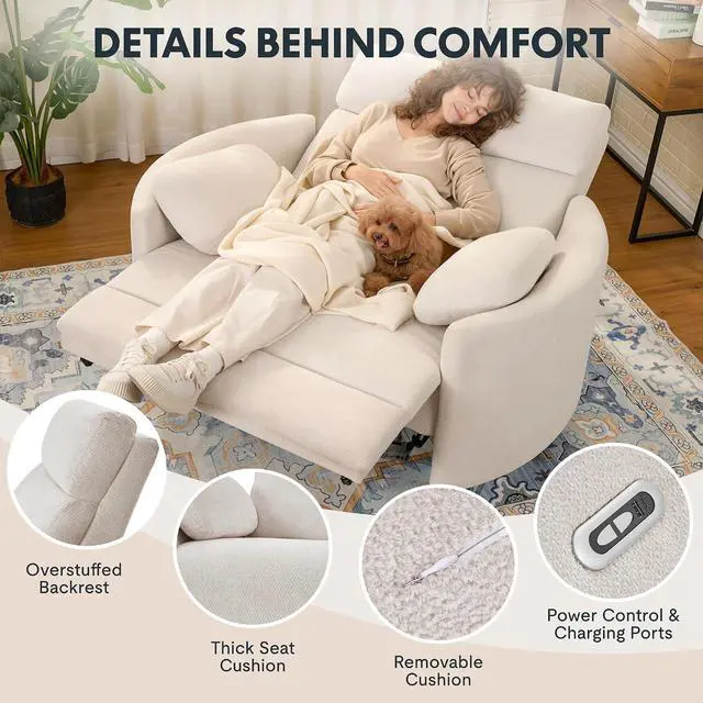 Alt view image 6 of 7 - Mochi Oversized 54" Power Recliner Chair for Big and Tall Adults, Chenille Fabric Electric Recliner with USB & Type-C Ports, Wide Single Sofa with Pillows for Living Room & Bedroom, Beige