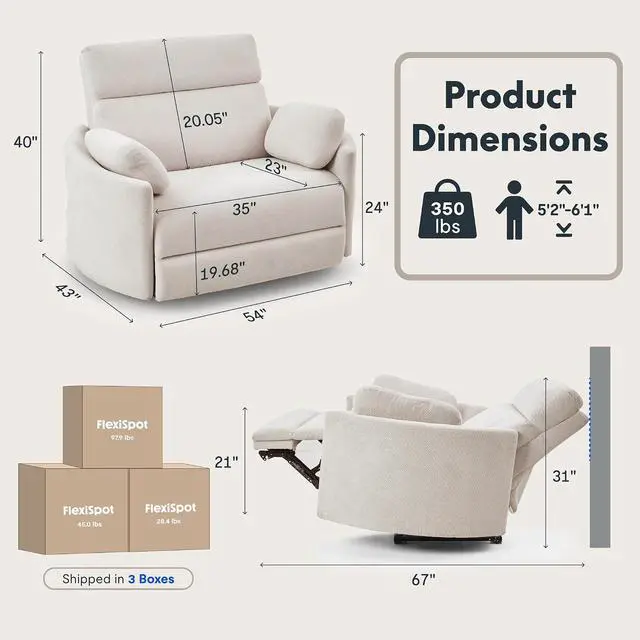 Alt view image 2 of 7 - Mochi Pro 54" Zero Wall Power Recliner for Big and Tall, Oversized Electric Recliner Chair with Anti-Pinch Design, USB & Type-C Ports, Wide Sofa for Living Room Bedroom, Chenille Beige