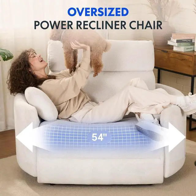 Alt view image 3 of 7 - Mochi Pro 54" Zero Wall Power Recliner for Big and Tall, Oversized Electric Recliner Chair with Anti-Pinch Design, USB & Type-C Ports, Wide Sofa for Living Room Bedroom, Chenille Beige