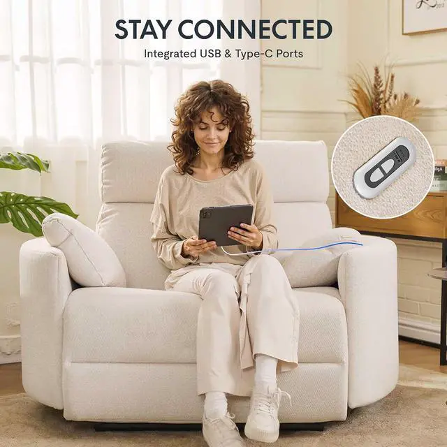 Alt view image 7 of 7 - Mochi Pro 54" Zero Wall Power Recliner for Big and Tall, Oversized Electric Recliner Chair with Anti-Pinch Design, USB & Type-C Ports, Wide Sofa for Living Room Bedroom, Chenille Beige