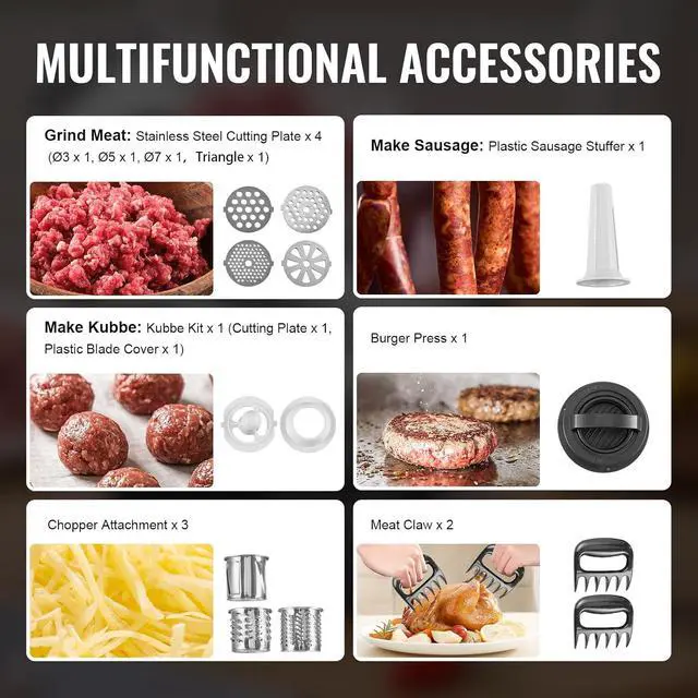 Alt view image 3 of 7 - Meat Grinder, 4.2 Lbs/Min Capacity Electric Meat Grinders with Blade, Grinding Plate, Sausage Maker, Kubbe Kit, Burger Press, Chopper Attachment, Stainless Steel Meat Mincer for Home Kitchen