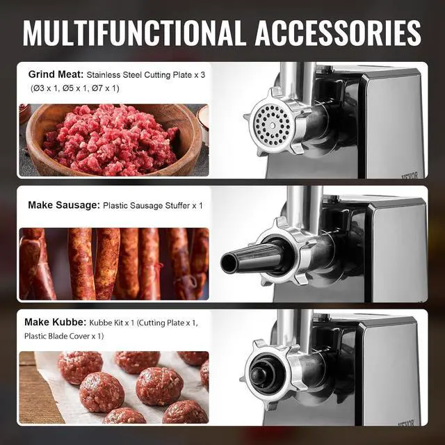 Alt view image 3 of 7 - Meat Grinder, 3 Lbs/Min Capacity Electric Meat Grinders with Blade, Grinding Plate, Sausage Maker, Kubbe Kit, Stainless Steel Meat Mincer for Home Kitchen