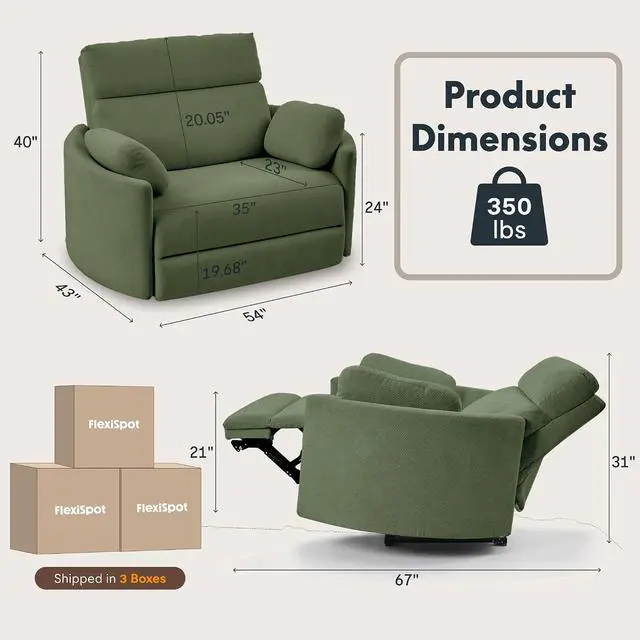 Alt view image 2 of 7 - Mochi Oversized 54" Power Recliner Chair for Big & Tall, Chenille Fabric Electric Recliner with USB & Type-C Ports, Wide Single Sofa with Pillows for Living Room & Bedroom, Olive Green