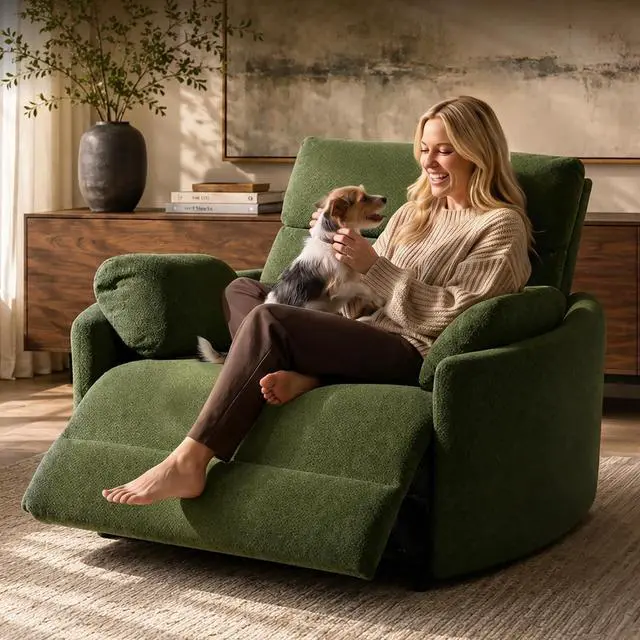 Main image of Mochi Oversized 54" Power Recliner Chair for Big & Tall, Chenille Fabric Electric Recliner with USB & Type-C Ports, Wide Single Sofa with Pillows for Living Room & Bedroom, Olive Green