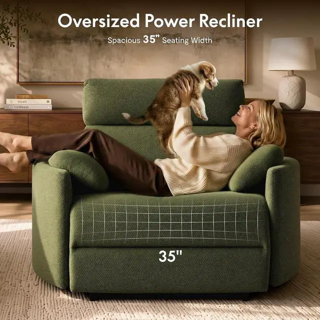 Alt view image 3 of 7 - Mochi Oversized 54" Power Recliner Chair for Big & Tall, Chenille Fabric Electric Recliner with USB & Type-C Ports, Wide Single Sofa with Pillows for Living Room & Bedroom, Olive Green