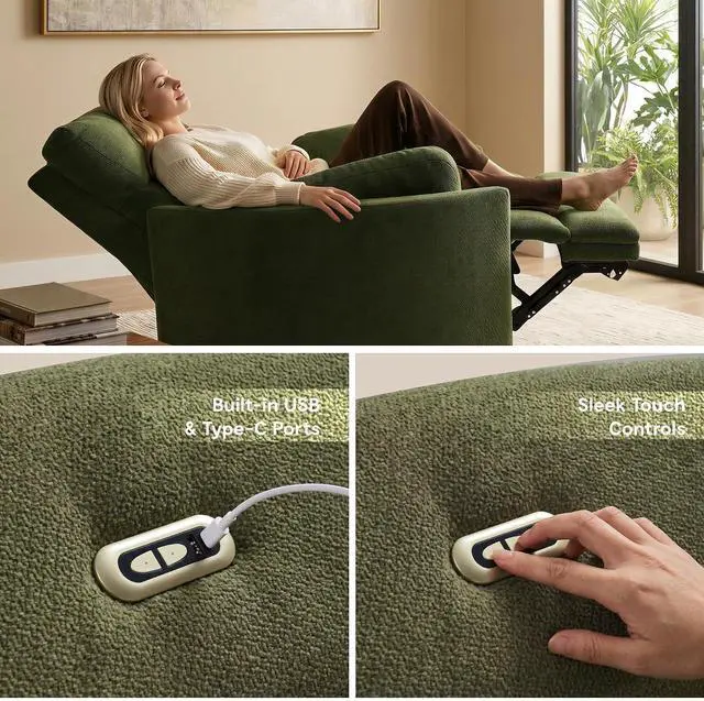 Alt view image 4 of 7 - Mochi Oversized 54" Power Recliner Chair for Big & Tall, Chenille Fabric Electric Recliner with USB & Type-C Ports, Wide Single Sofa with Pillows for Living Room & Bedroom, Olive Green
