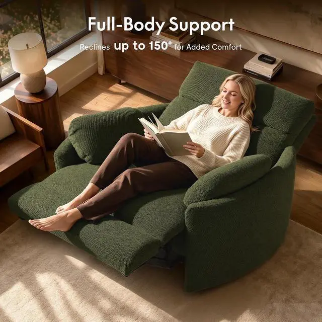 Alt view image 5 of 7 - Mochi Oversized 54" Power Recliner Chair for Big & Tall, Chenille Fabric Electric Recliner with USB & Type-C Ports, Wide Single Sofa with Pillows for Living Room & Bedroom, Olive Green