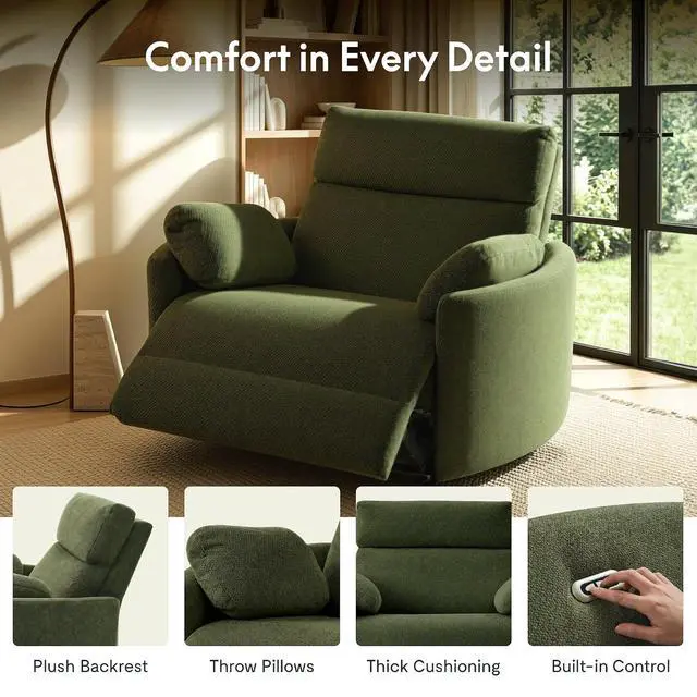 Alt view image 7 of 7 - Mochi Oversized 54" Power Recliner Chair for Big & Tall, Chenille Fabric Electric Recliner with USB & Type-C Ports, Wide Single Sofa with Pillows for Living Room & Bedroom, Olive Green