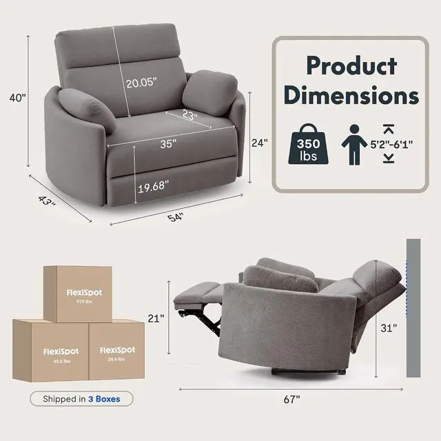 Alt view image 2 of 7 - Mochi Pro 54" Zero Wall Power Recliner for Big and Tall, Oversized Electric Recliner Chair with Anti-Pinch Design, USB & Type-C Ports, Wide Sofa for Living Room Bedroom, Chenille Grey