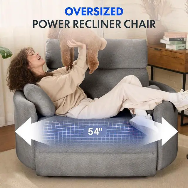 Alt view image 3 of 7 - Mochi Pro 54" Zero Wall Power Recliner for Big and Tall, Oversized Electric Recliner Chair with Anti-Pinch Design, USB & Type-C Ports, Wide Sofa for Living Room Bedroom, Chenille Grey