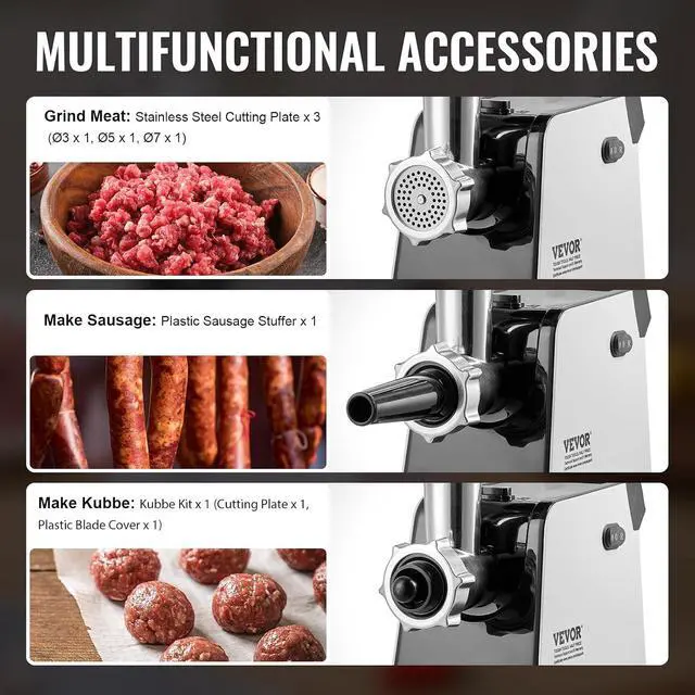 Alt view image 3 of 7 - Electric Meat Grinder, 3 lbs/Minute Capacity, 450W Meat Grinder Machine with 3 Grinding Plate, Blade, Kubbe Kit, Sausage Stuffer, 5-Minute Continuous Working, Stainless Steel, for Home Kitchen