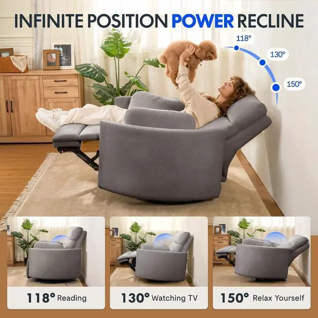 Alt view image 6 of 7 - Mochi Pro 54" Zero Wall Power Recliner for Big and Tall, Oversized Electric Recliner Chair with Anti-Pinch Design, USB & Type-C Ports, Wide Sofa for Living Room Bedroom, Chenille Grey