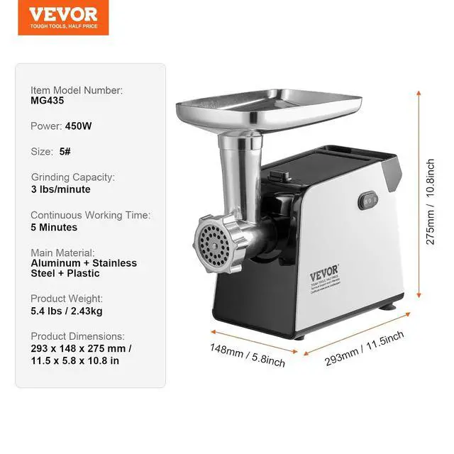 Alt view image 7 of 7 - Electric Meat Grinder, 3 lbs/Minute Capacity, 450W Meat Grinder Machine with 3 Grinding Plate, Blade, Kubbe Kit, Sausage Stuffer, 5-Minute Continuous Working, Stainless Steel, for Home Kitchen