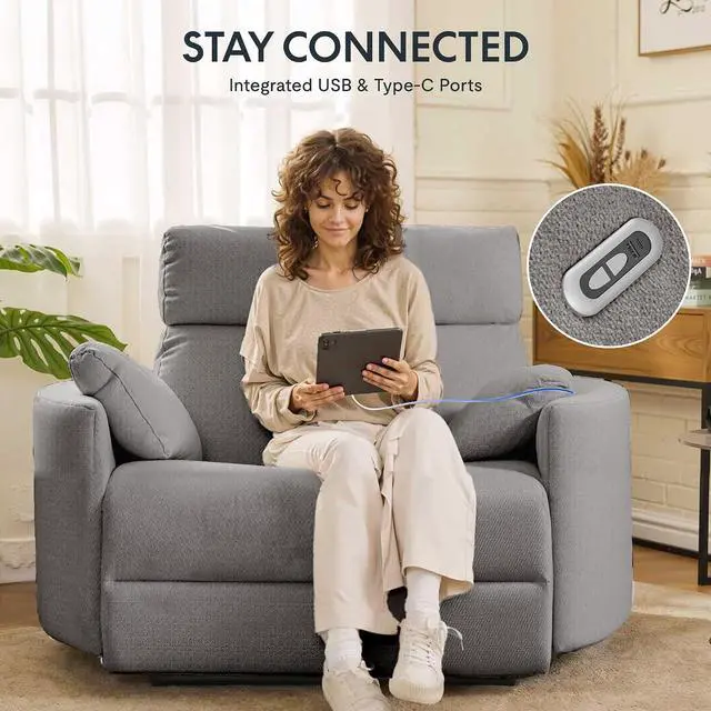 Alt view image 7 of 7 - Mochi Pro 54" Zero Wall Power Recliner for Big and Tall, Oversized Electric Recliner Chair with Anti-Pinch Design, USB & Type-C Ports, Wide Sofa for Living Room Bedroom, Chenille Grey