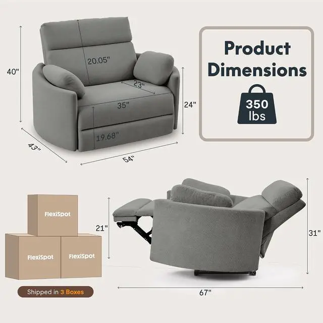Alt view image 2 of 7 - Mochi 54" Oversized Power Recliner Chair for Big & Tall Adults, Extra Wide Electric Chenille Recliner with USB & Type-C Ports, Wide Single Sofa with Pillows for Living Room, Light Gray