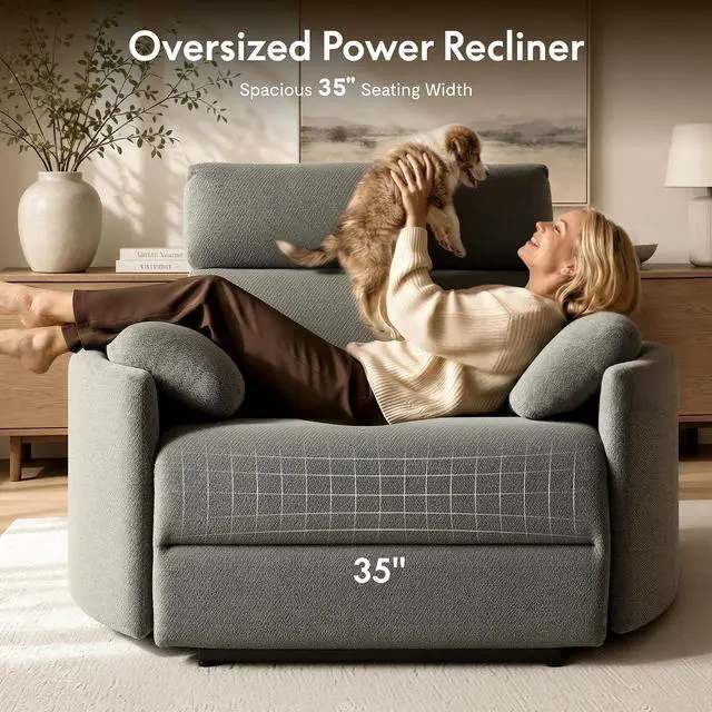 Alt view image 3 of 7 - Mochi 54" Oversized Power Recliner Chair for Big & Tall Adults, Extra Wide Electric Chenille Recliner with USB & Type-C Ports, Wide Single Sofa with Pillows for Living Room, Light Gray
