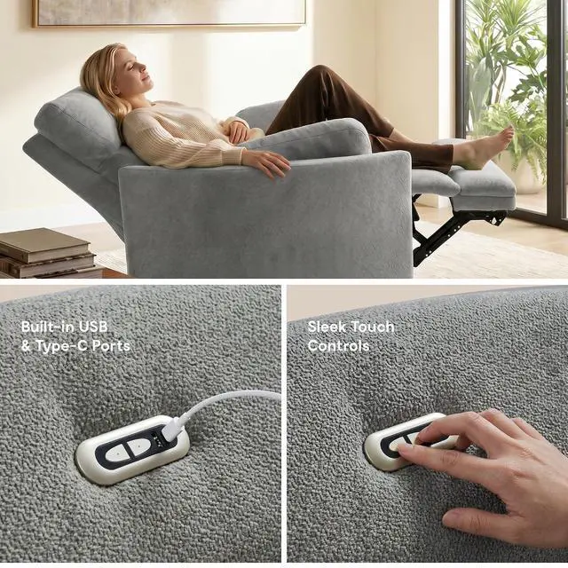 Alt view image 4 of 7 - Mochi 54" Oversized Power Recliner Chair for Big & Tall Adults, Extra Wide Electric Chenille Recliner with USB & Type-C Ports, Wide Single Sofa with Pillows for Living Room, Light Gray
