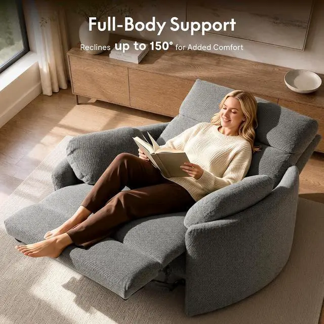 Alt view image 5 of 7 - Mochi 54" Oversized Power Recliner Chair for Big & Tall Adults, Extra Wide Electric Chenille Recliner with USB & Type-C Ports, Wide Single Sofa with Pillows for Living Room, Light Gray
