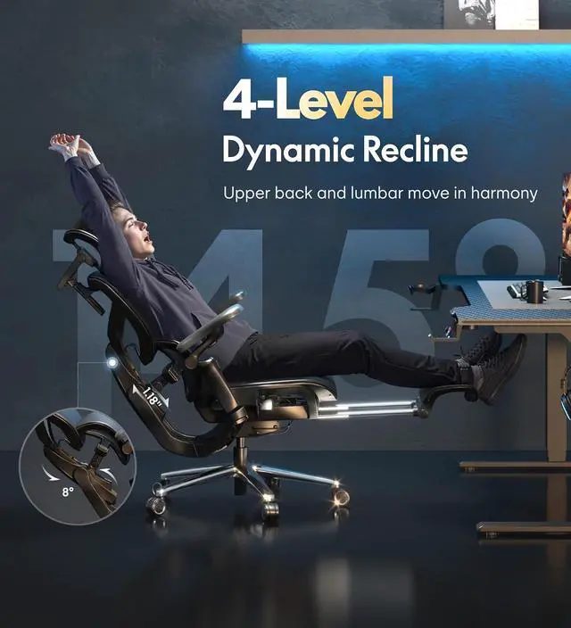 Alt view image 7 of 7 - Sentinel-Pro Ergonomic Gaming Chair with Dual-Wing, Adaptive Lumbar 7D Armrests 4-Position Recline up to 145° Height-Adjustable Backrest Premium Mesh Computer Office Chair for Home & Office