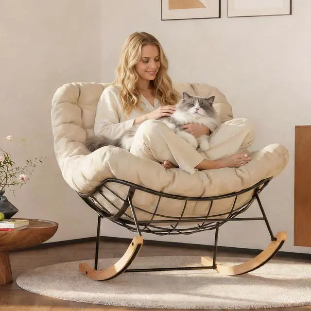 Main image of Oversized Rocking Accent Chair with Thick Cushion & Bonus Pillow, Papasan Style Lounge Chair with Metal Frame & Wood Base, Cozy Living Room Armchair for Bedroom, Balcony, Reading Nook Beige